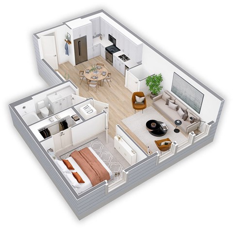 Floor plan for 1 bed, 1 bath, 704 sqft